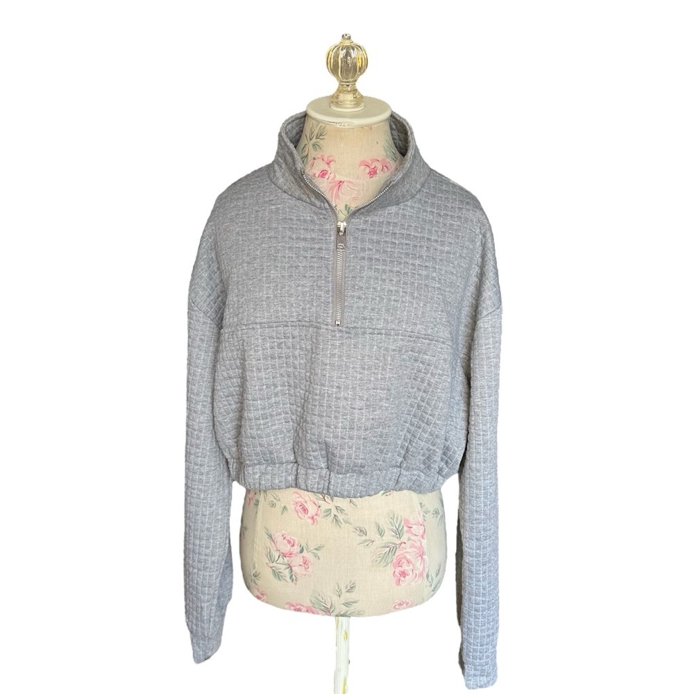 One Step Up Oversized Gray Half Zip Sweatshirt Women’s XL, Casual Waffle Pattern